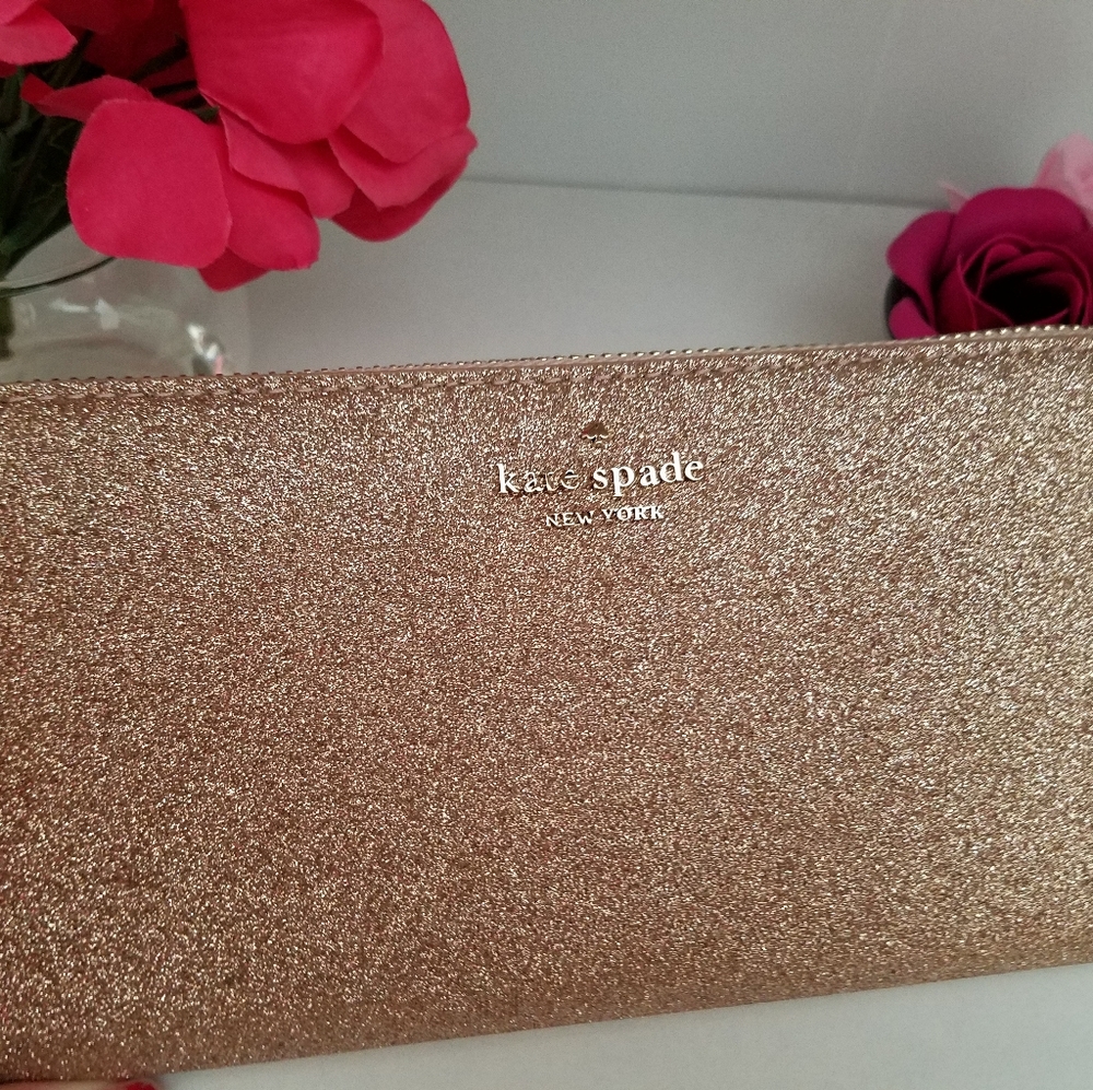 Kate Spade Large Rose Gold Glitter Sparkly Wallet